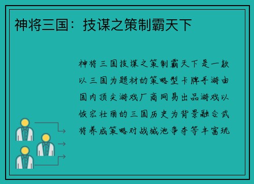 神将三国：技谋之策制霸天下